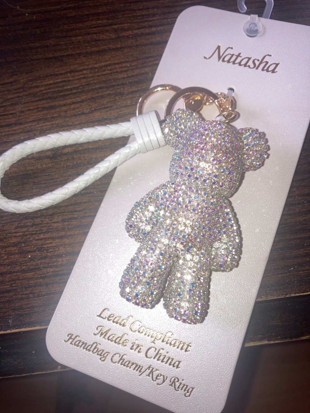 Natasha Couture Crystal Teddy Bear Keychain - White Braided Strap